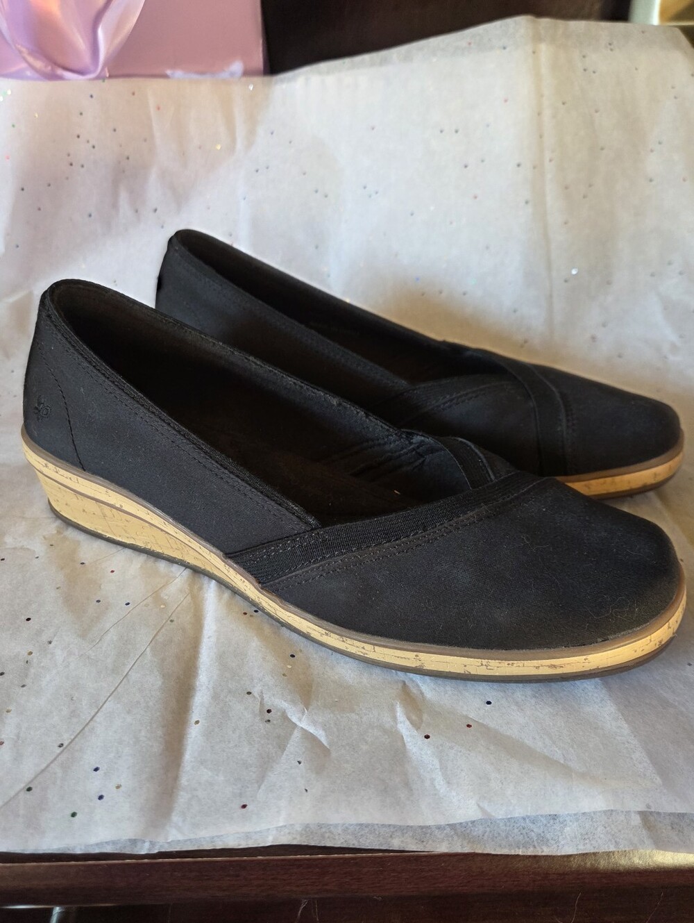 Grasshoppers Black Slip-On Wedge Flats with Tan Cork-Look Sole